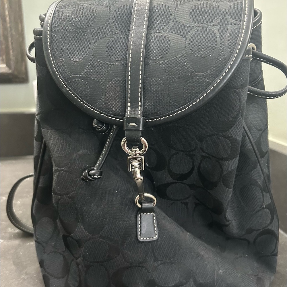 Coach Black Signature Jacquard Drawstring Backpack with Clasp Detail